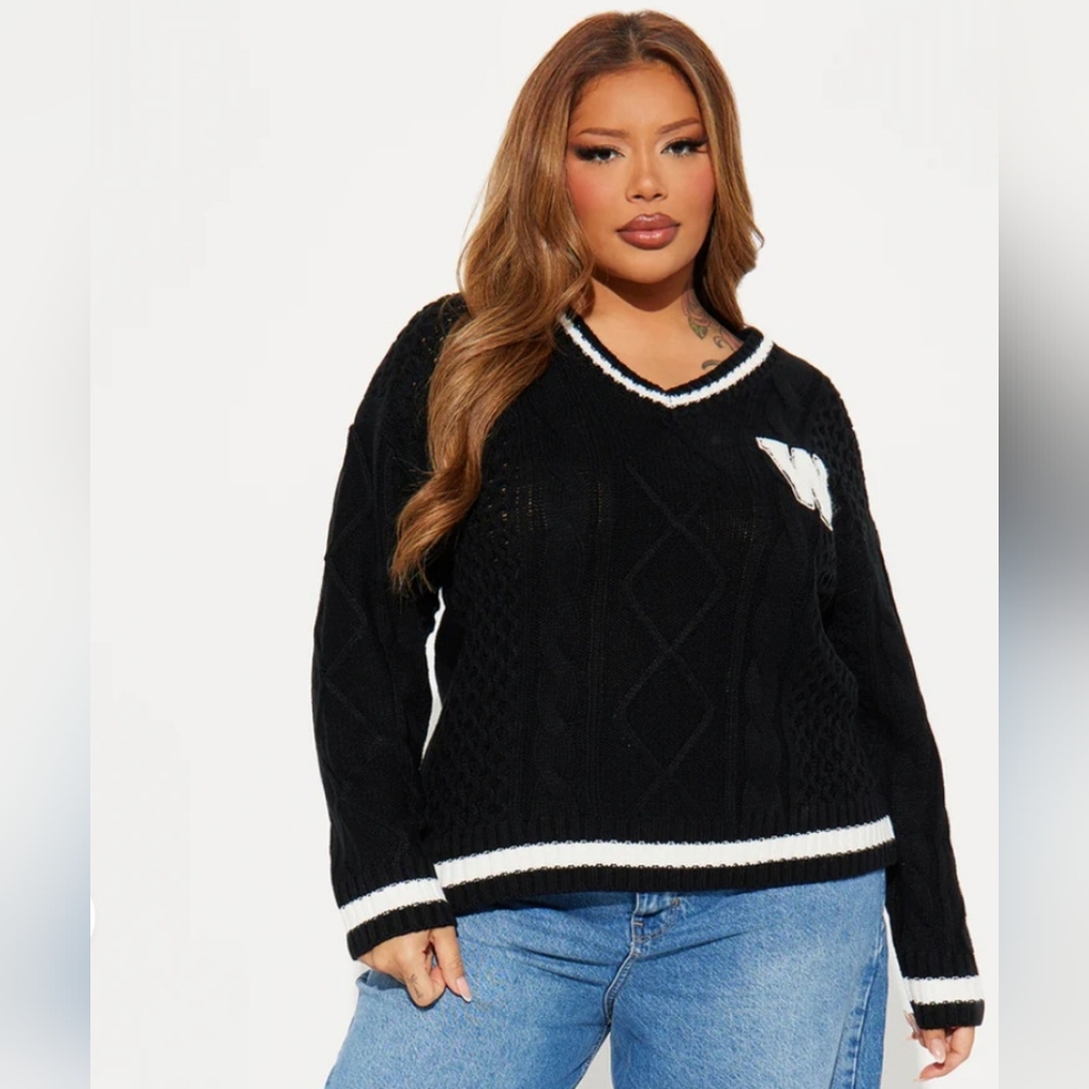 Fashion Nova Black V-Neck Sweater with White Trim